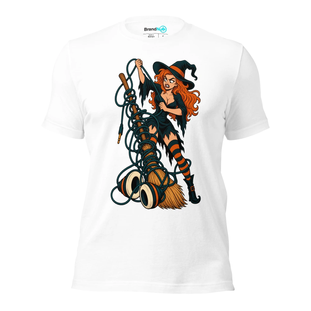 A witch untangling a broom from an enormous headphone cable T Shirt White Front