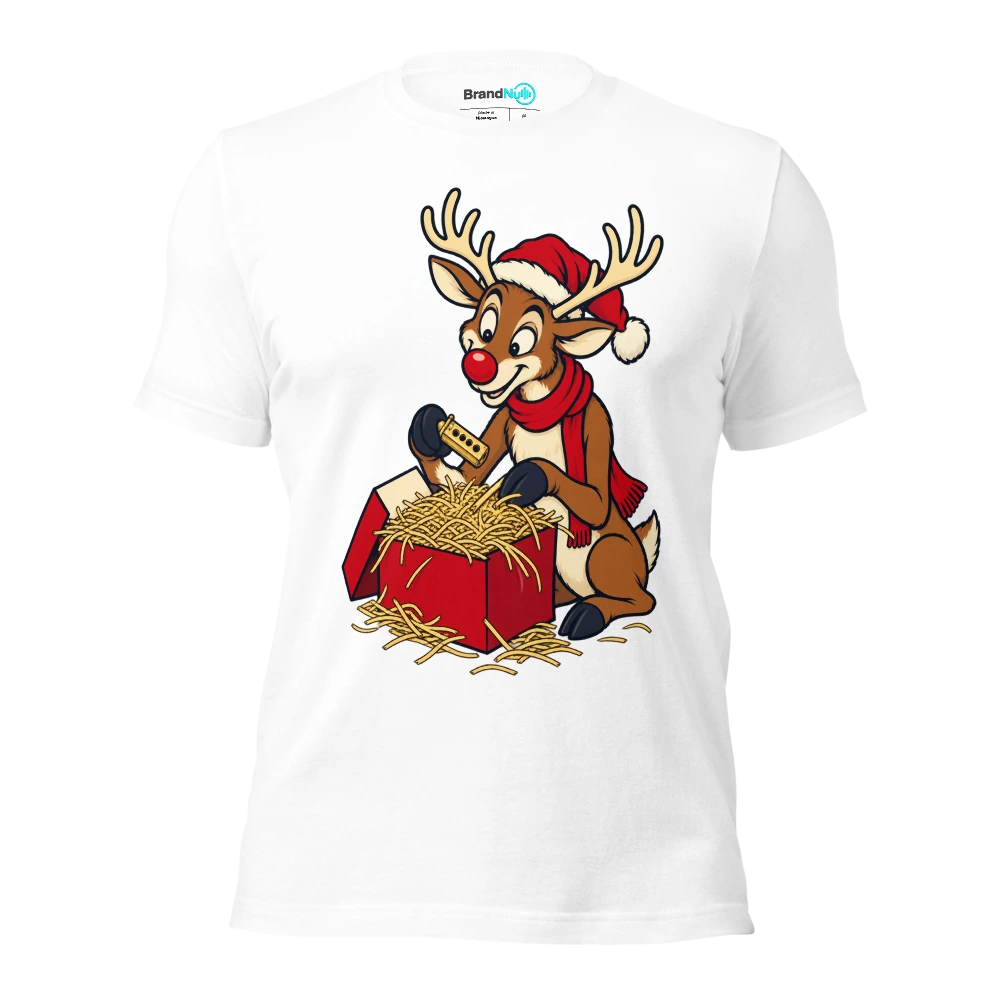 Reindeer carefully packing a tiny pitch pipe in hay T Shirt White Front