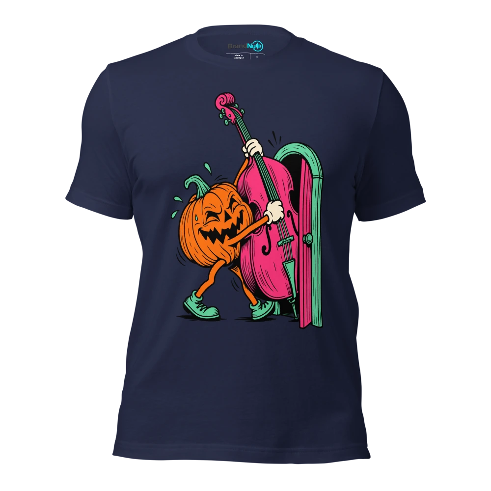 Pumpkin carrying a double bass through a tiny doorway T Shirt Navy Front