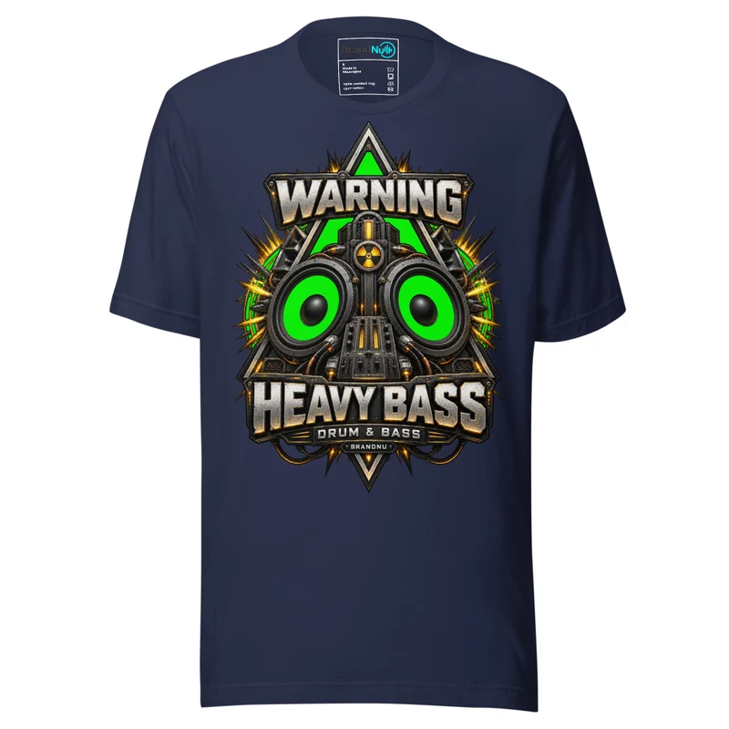 Warning Heavy Bass Drum and Bass T Shirt DnB Triangle Graphic Green Screen - Navy