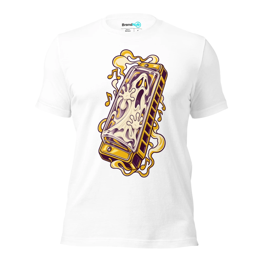 A ghost trapped inside a transparent harmonica T Shirt White Front