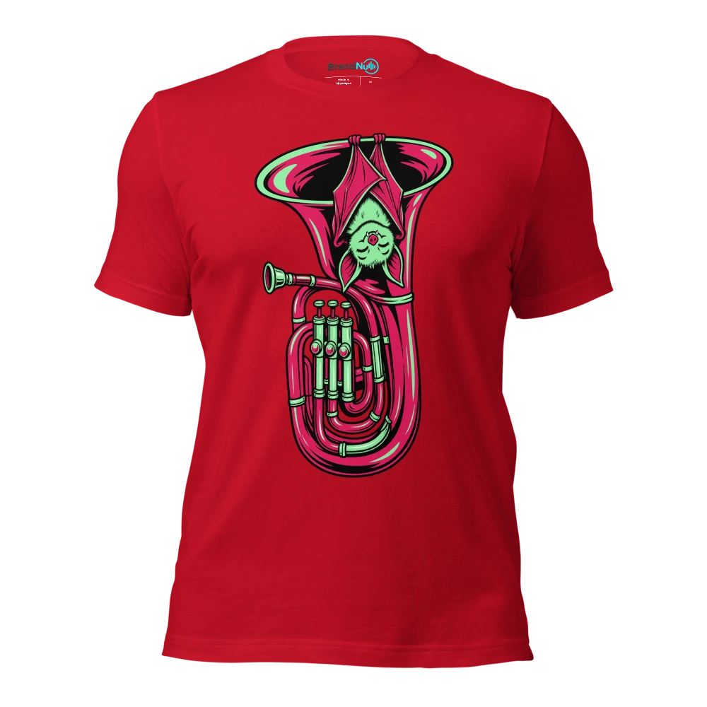 A bat sleeping upside down inside a tuba bell T Shirt Red Front