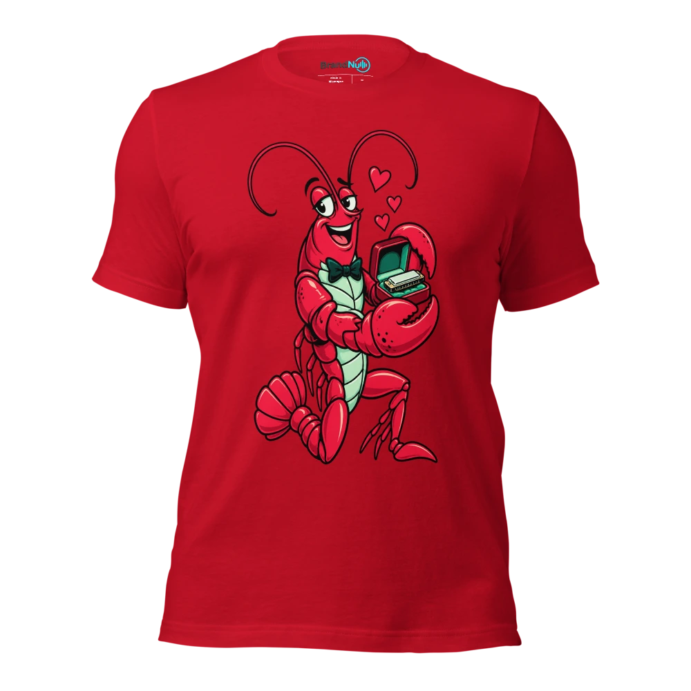 A lobster presenting a tiny harmonica in an open ring box T Shirt Red Front