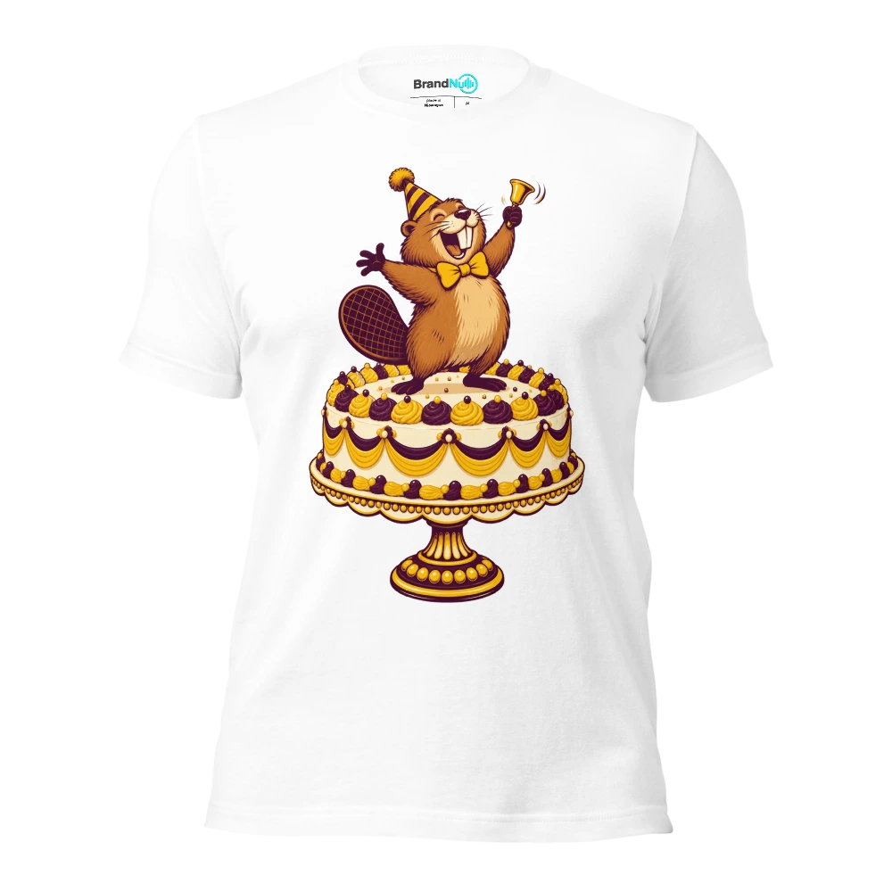 Birthday beaver presenting one tiny handbell on a huge cake stand T Shirt White Front