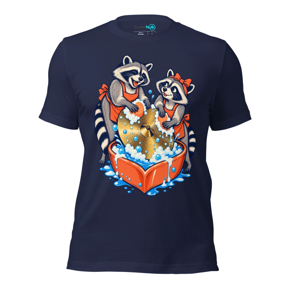Two raccoons washing a single cymbal in a heart shaped basin T Shirt Navy Front