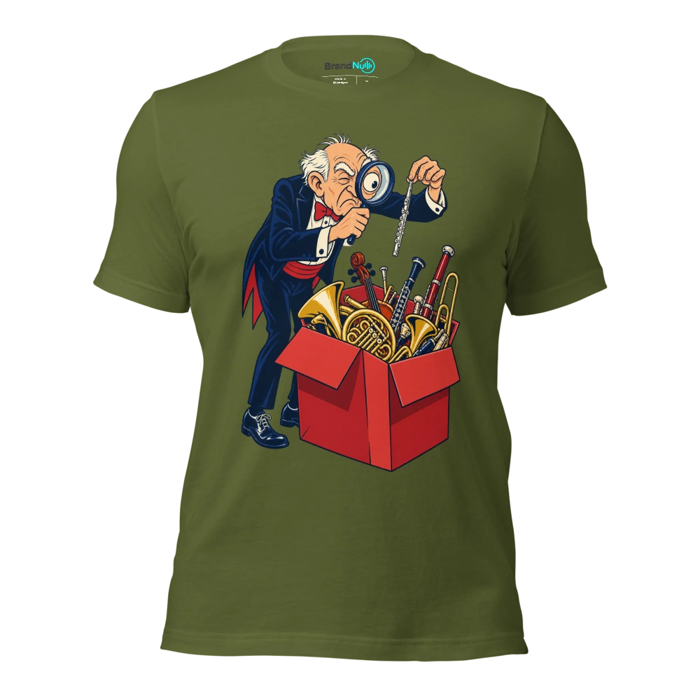 Older musician using a magnifier to find a piccolo in a large box T Shirt Olive Front