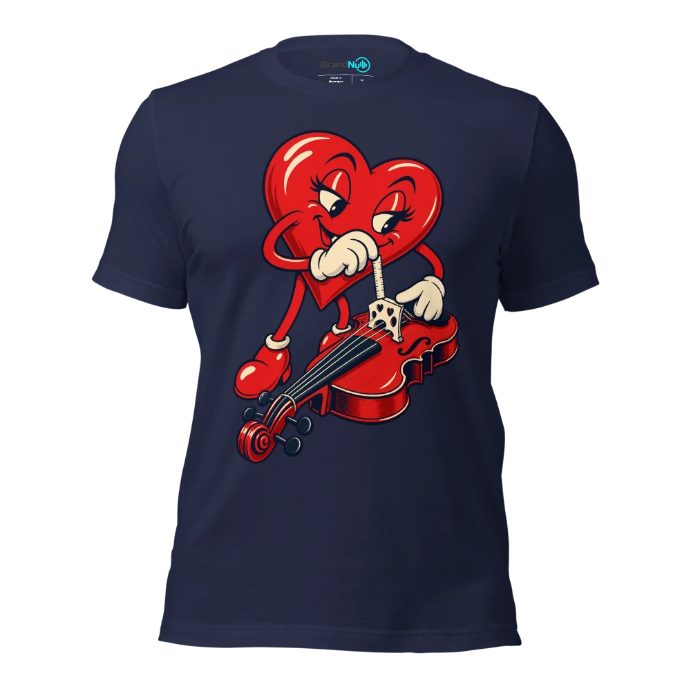 Heart mascot measuring a violin bridge with a tiny ruler T Shirt Navy Front