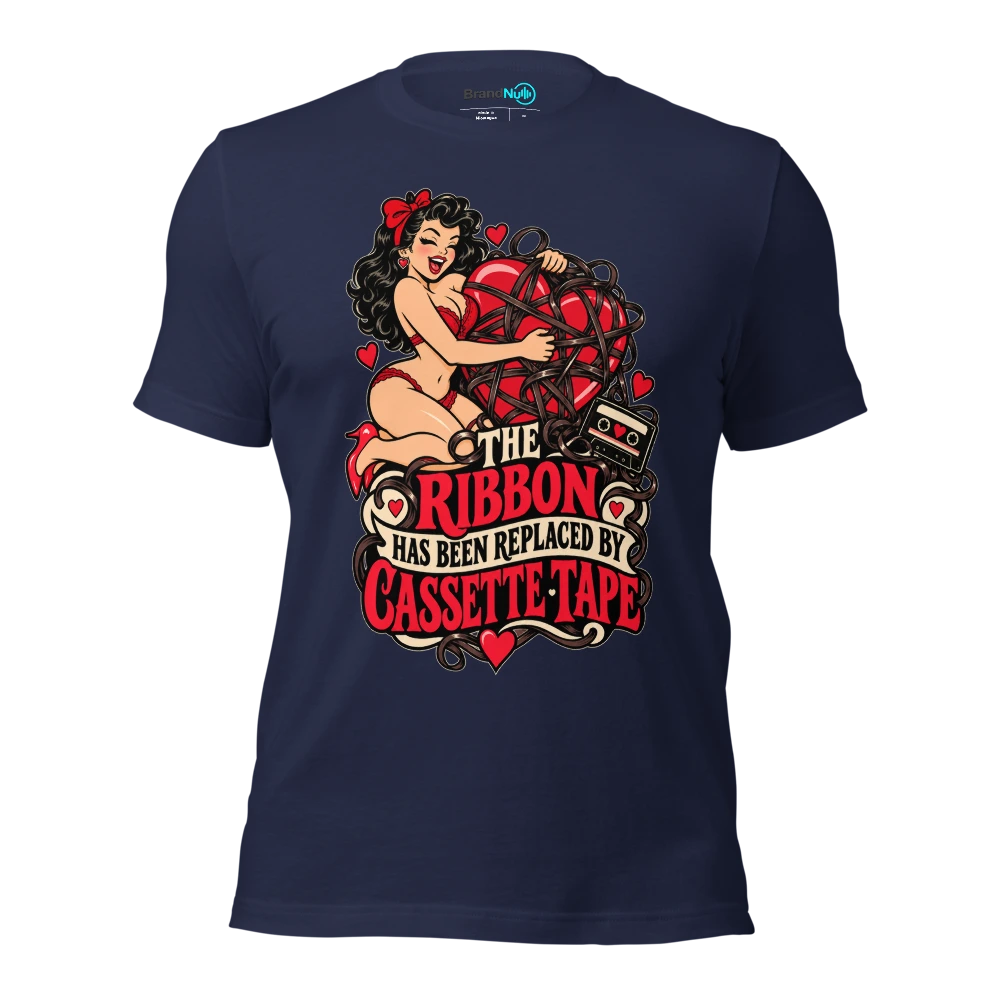 THE RIBBON HAS BEEN REPLACED BY CASSETTE TAPE T Shirt Navy Front