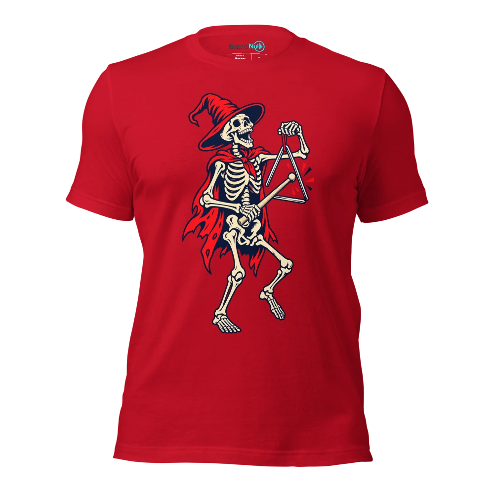 A skeleton playing a triangle with an oversized femur shaped beater T Shirt Red Front