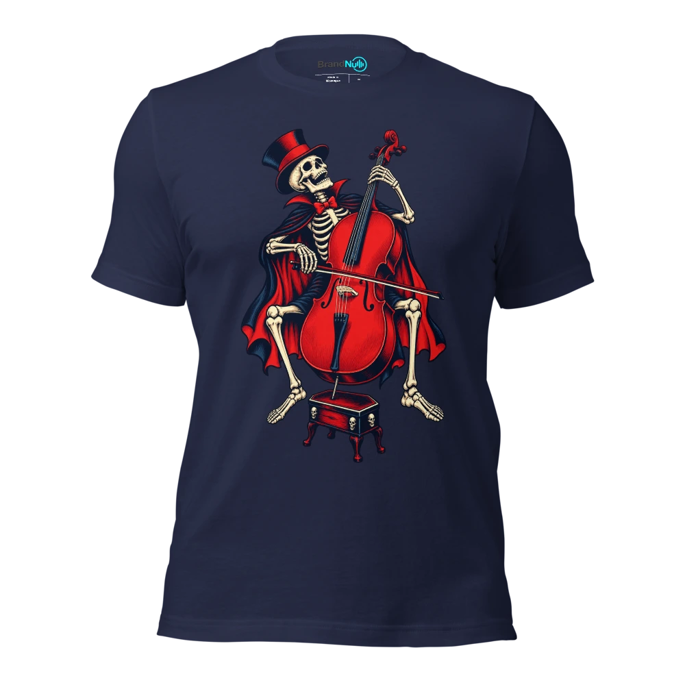 Skeleton balancing a cello on a tiny coffin stool T Shirt Navy Front