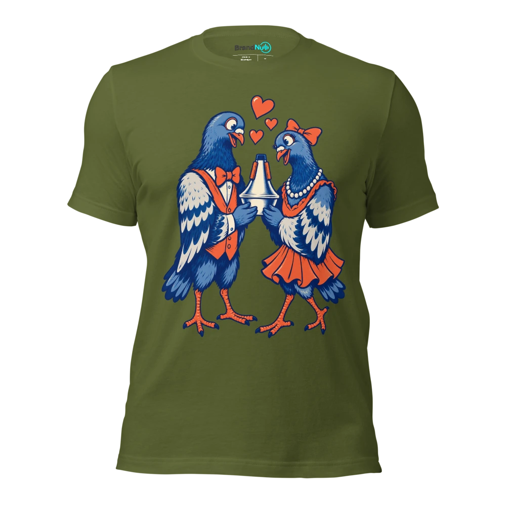 Two pigeons offering each other the same trumpet mute T Shirt Olive Front