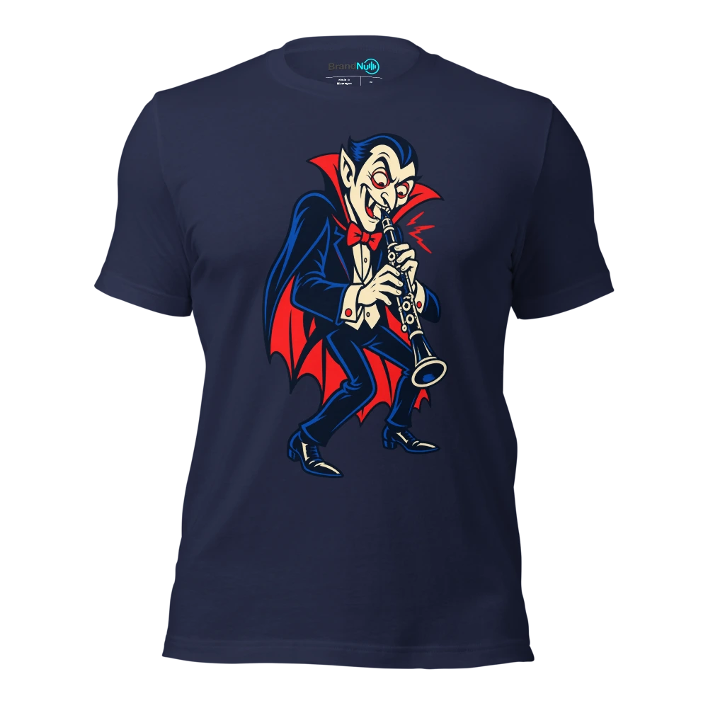 A vampire politely biting a squeaky clarinet reed T Shirt Navy Front
