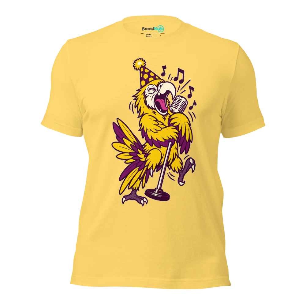 THE BIRTHDAY PARROT HAS LEARNED ONLY THE CHORUS T Shirt Yellow Front