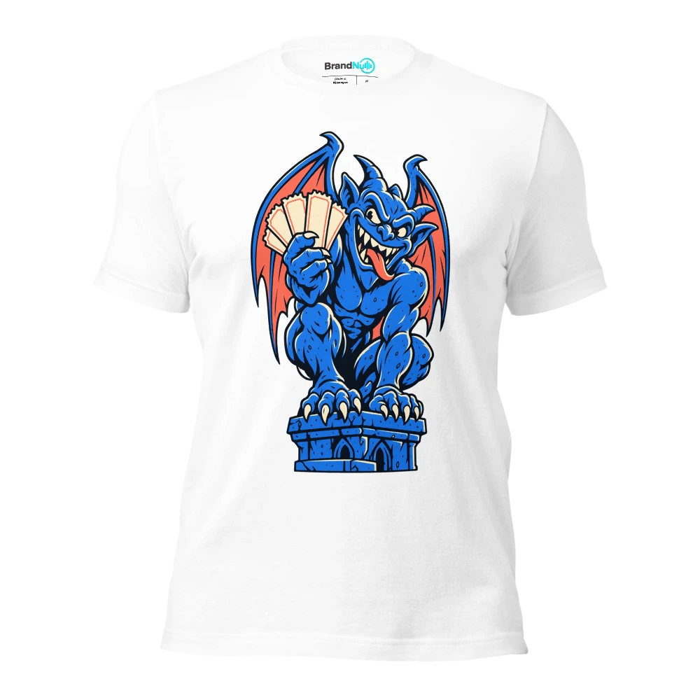 A grinning gargoyle clutching a stack of blank concert tickets T Shirt White Front