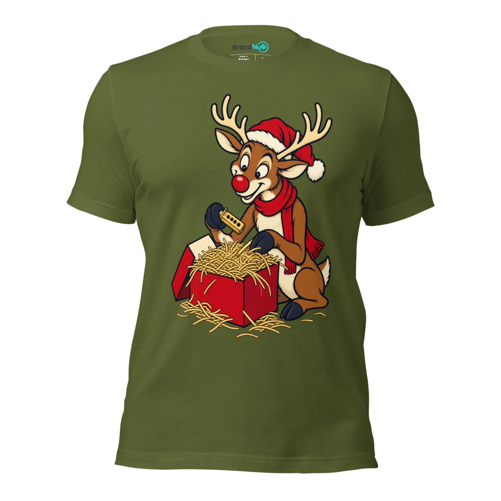Reindeer carefully packing a tiny pitch pipe in hay T Shirt Olive Front