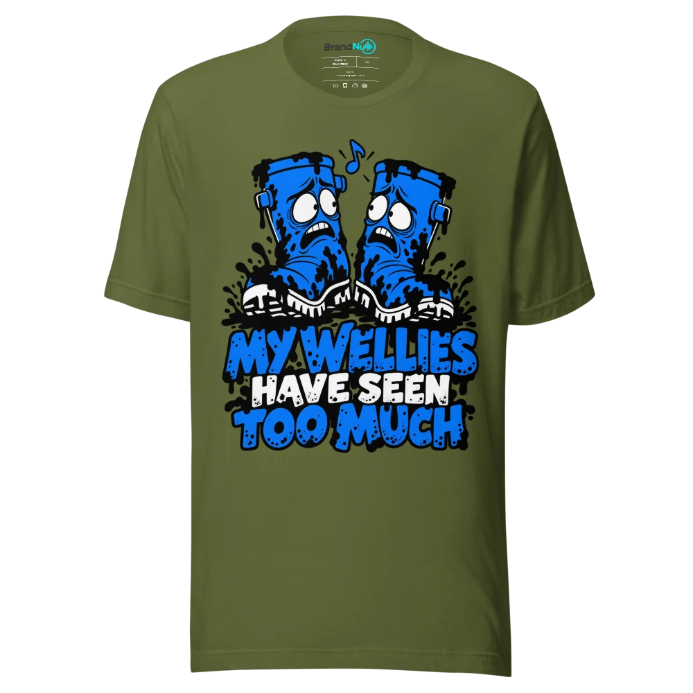 MY WELLIES HAVE SEEN TOO MUCH T Shirt Olive Front