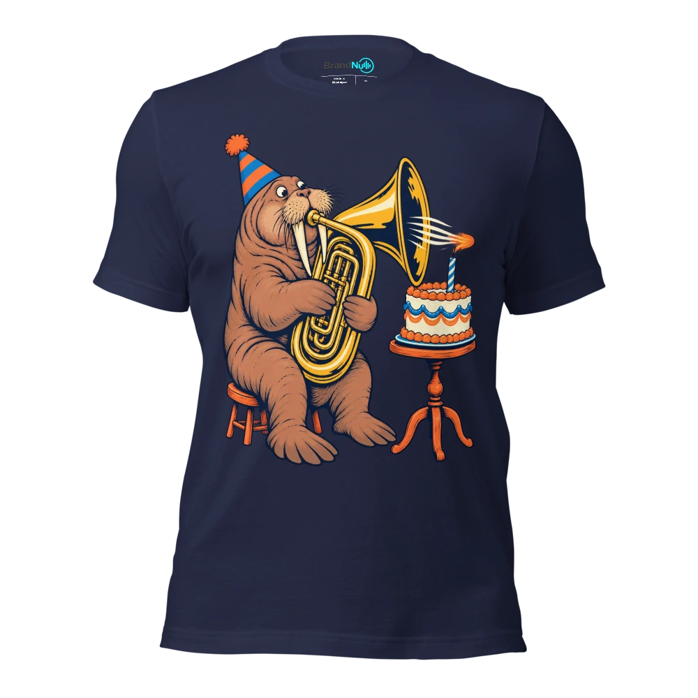 Birthday walrus trying to blow a candle through a tuba T Shirt Navy Front