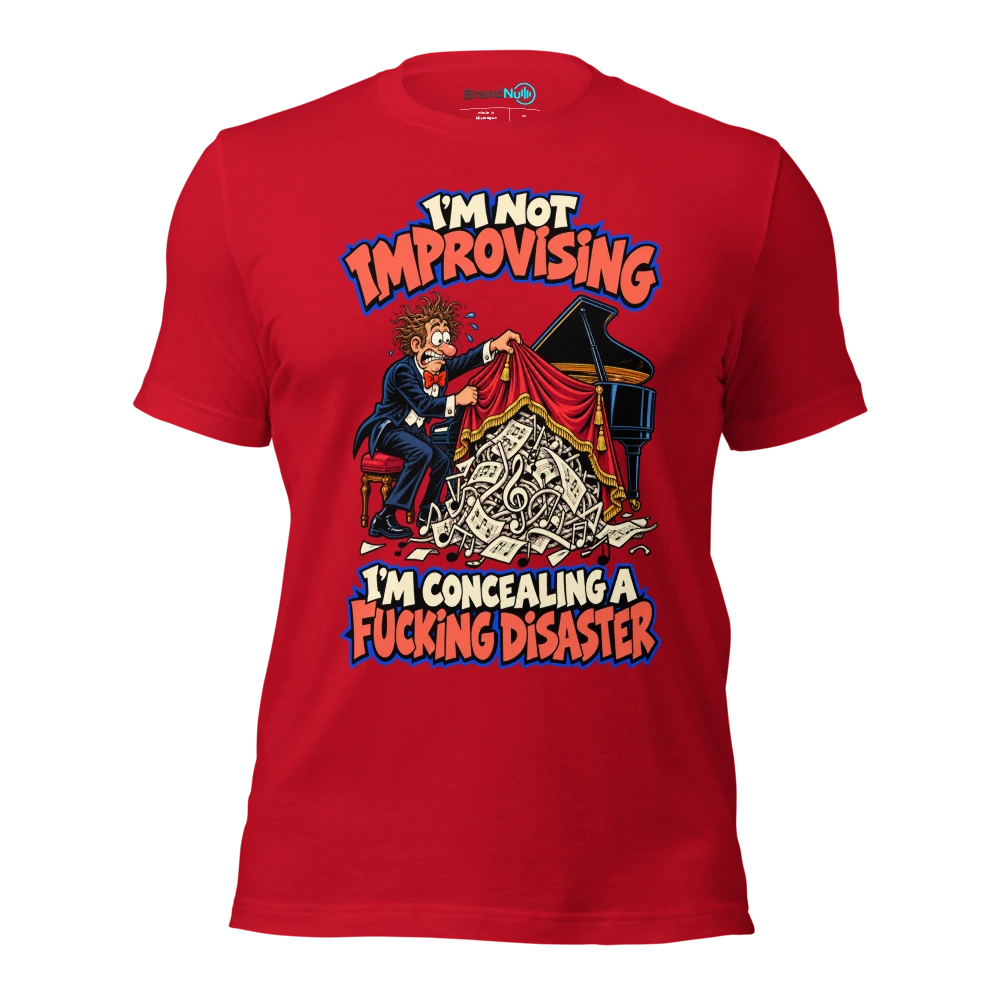 I'M NOT IMPROVISING I'M CONCEALING A FUCKING DISASTER T Shirt Red Front