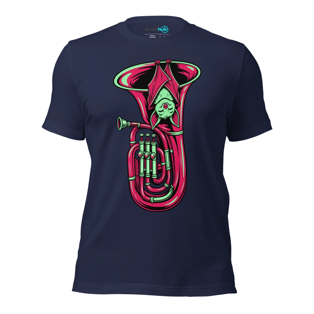 A bat sleeping upside down inside a tuba bell T Shirt Navy Front