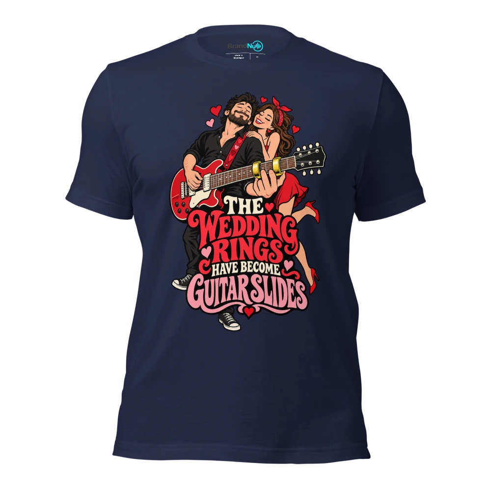 THE WEDDING RINGS HAVE BECOME GUITAR SLIDES T Shirt Navy Front