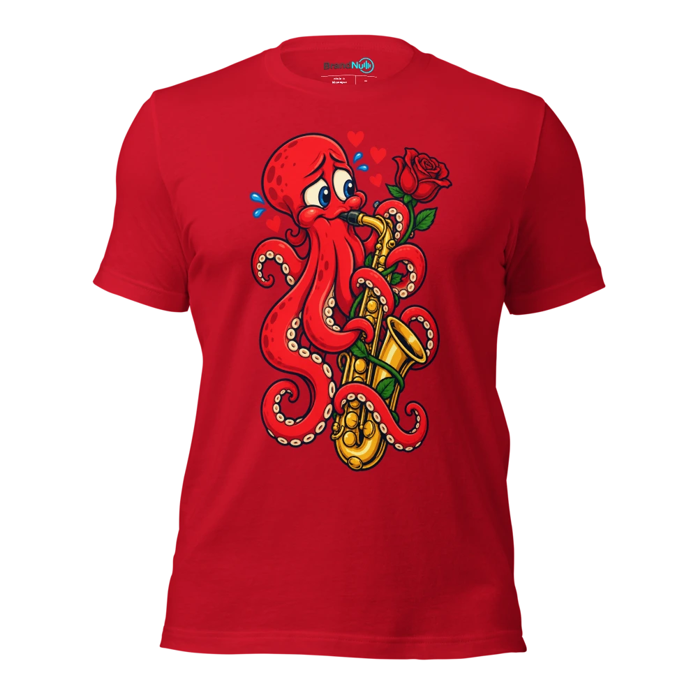 An octopus nervously wrapping a single rose around a saxophone T Shirt Red Front