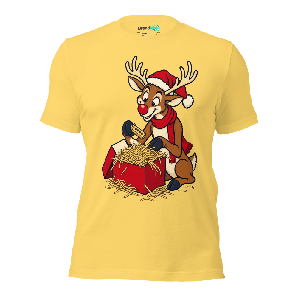 Reindeer carefully packing a tiny pitch pipe in hay T Shirt Yellow Front