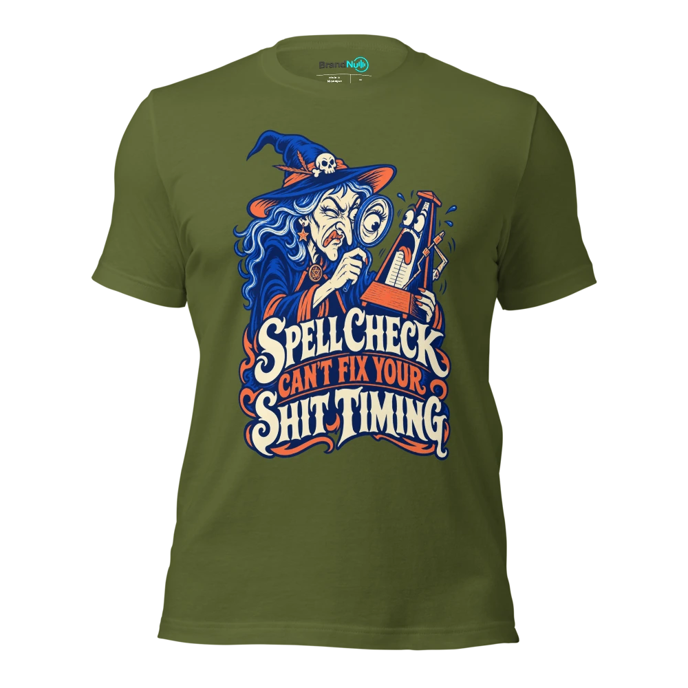 SPELL CHECK CAN'T FIX YOUR SHIT TIMING T Shirt Olive Front