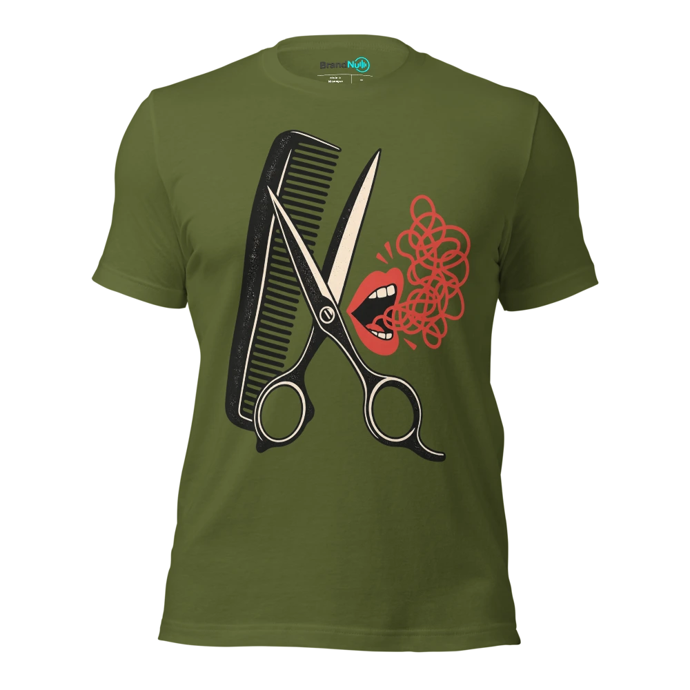 A haircut makes me feel BrandNu until I speak T Shirt Olive Front