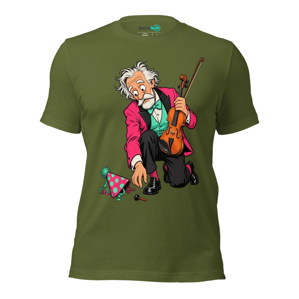 Older musician kneeling beside a dropped violin peg and party hat T Shirt Olive Front