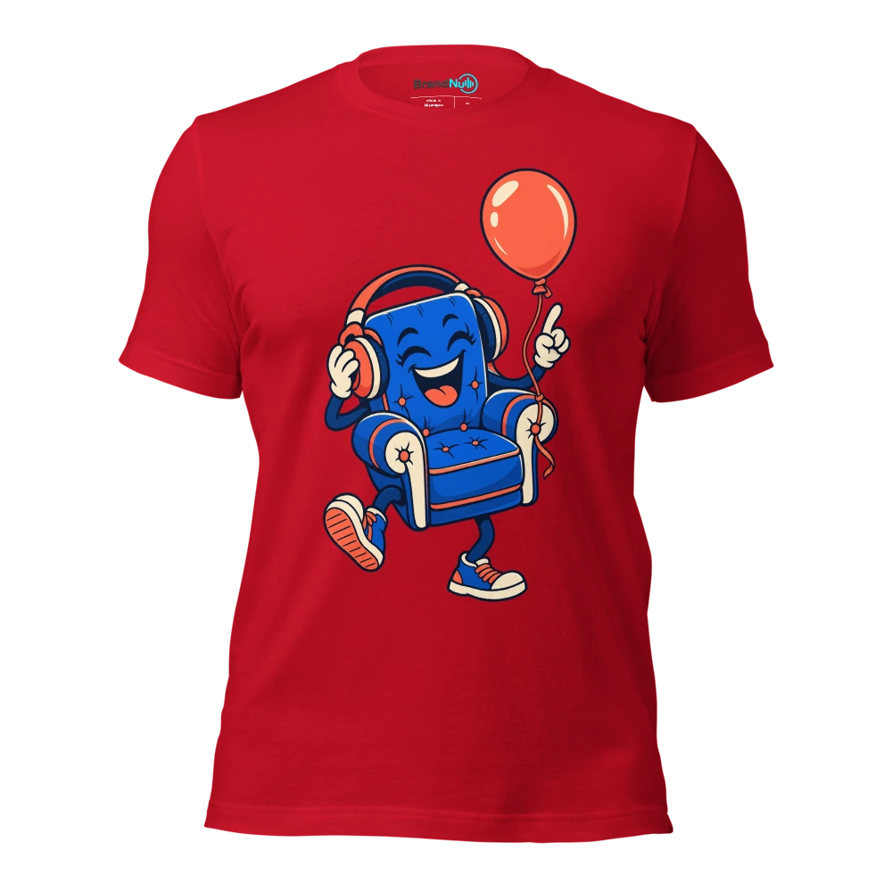 A cheerful armchair wearing headphones with a birthday balloon tied to its leg T Shirt Red Front