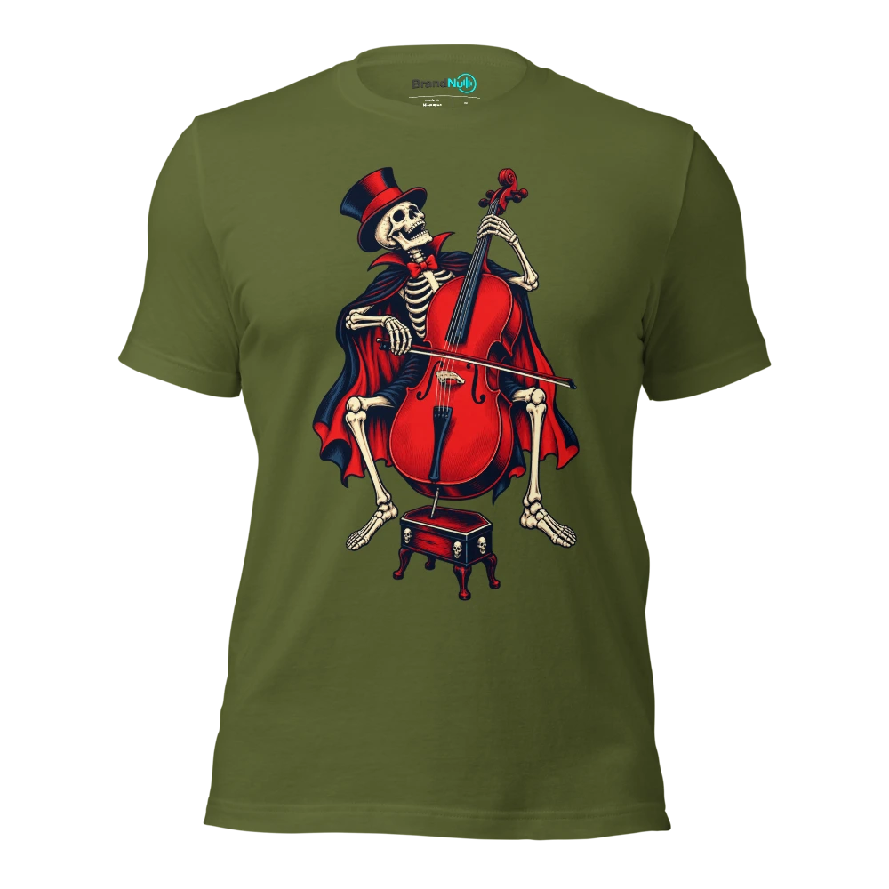 Skeleton balancing a cello on a tiny coffin stool T Shirt Olive Front