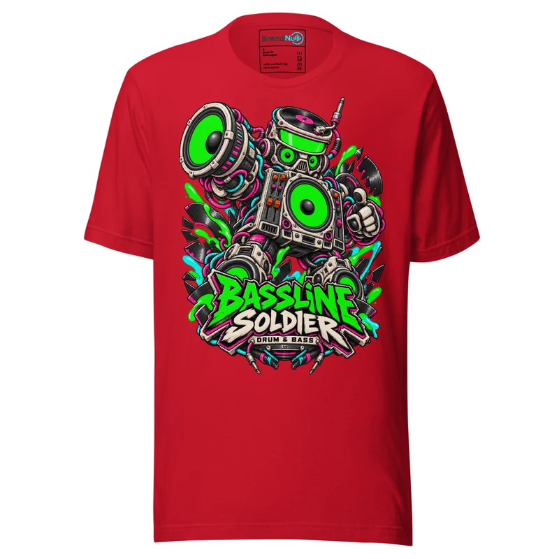Bassline Soldier Drum and Bass T Shirt DnB Warning Graphic Green Screen - Red