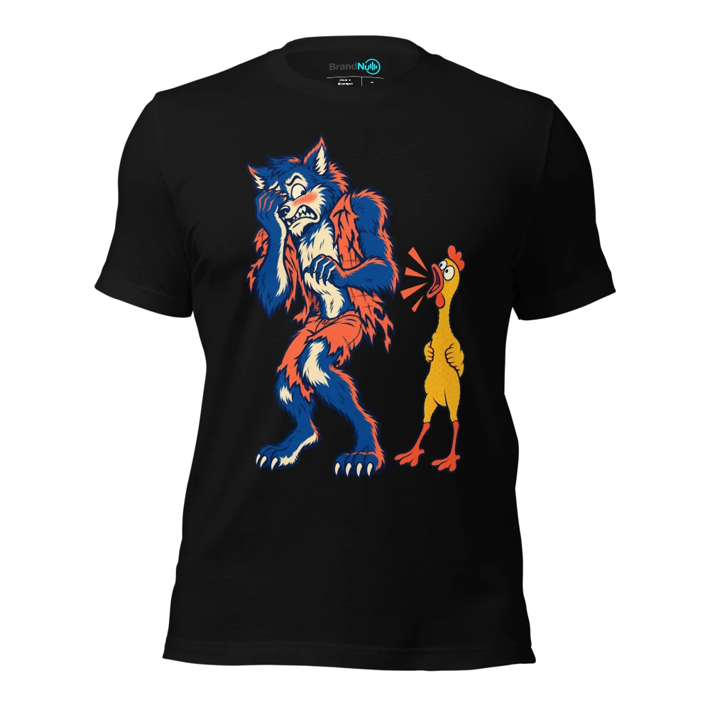Werewolf embarrassed by a squeaky rubber percussion chicken T-SHIRT