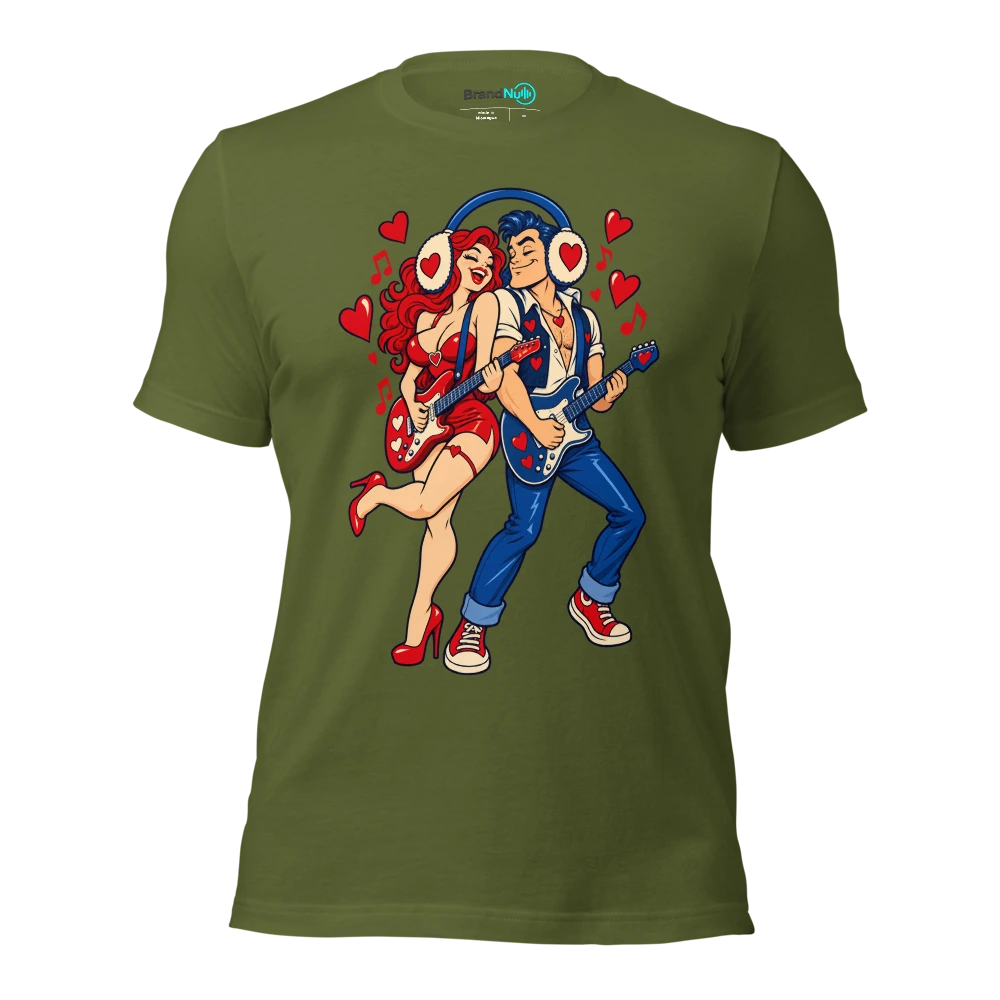 Two human musicians sharing an oversized pair of earmuffs T Shirt Olive Front