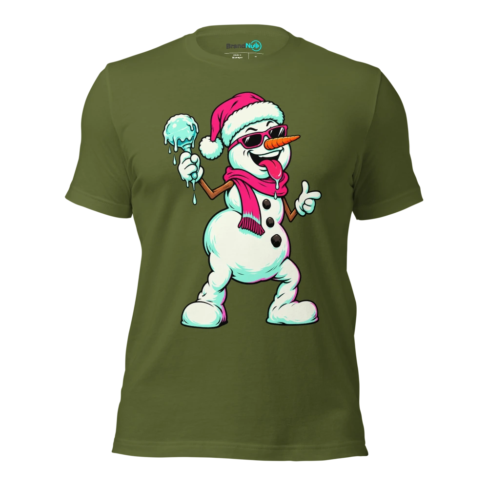 Snowman holding a single melting ice maraca T Shirt Olive Front