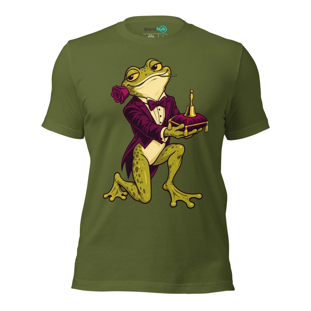 Frog offering a tiny handbell on a velvet cushion T Shirt Olive Front