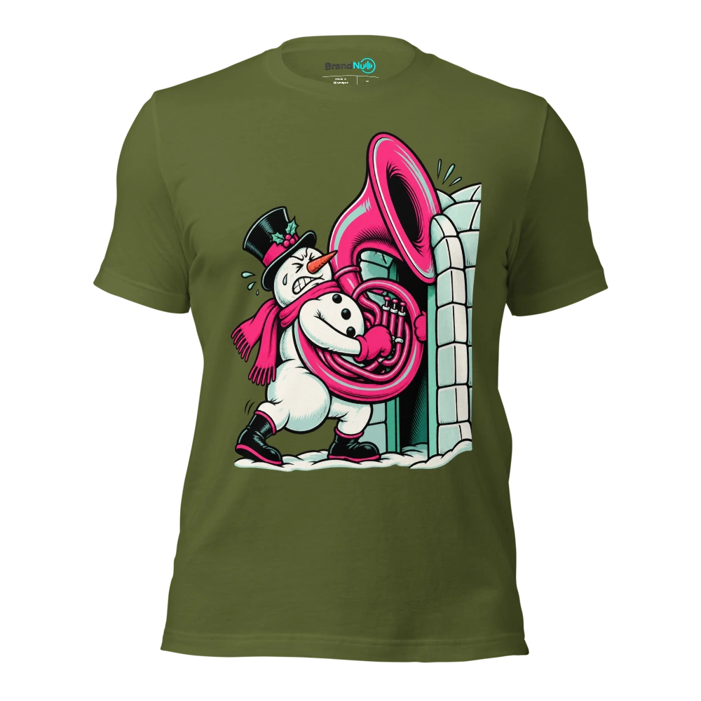Snowman trying to carry a sousaphone through an igloo door T Shirt Olive Front