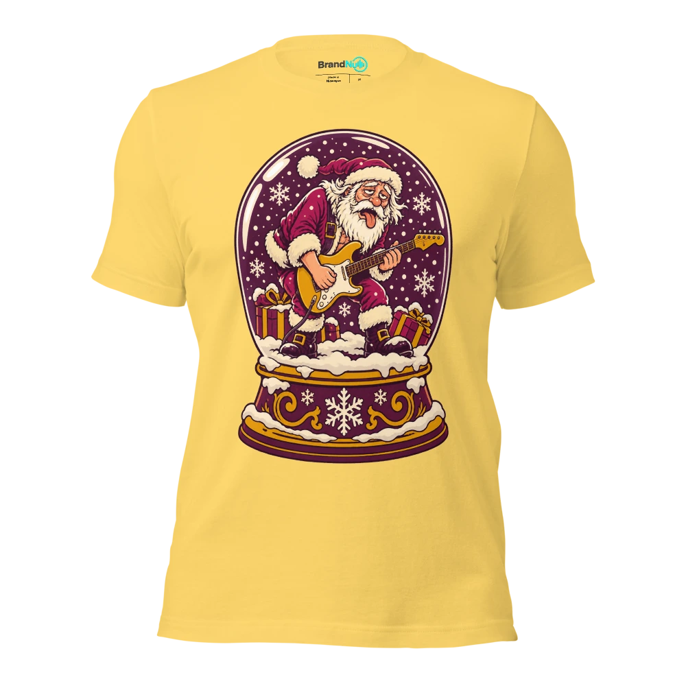 A snow globe containing an exhausted miniature guitarist T Shirt Yellow Front
