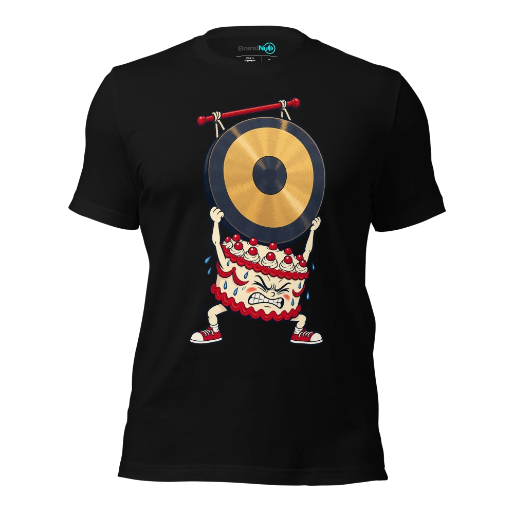 Cake mascot attempting to lift a gong with tiny arms T Shirt Black Front