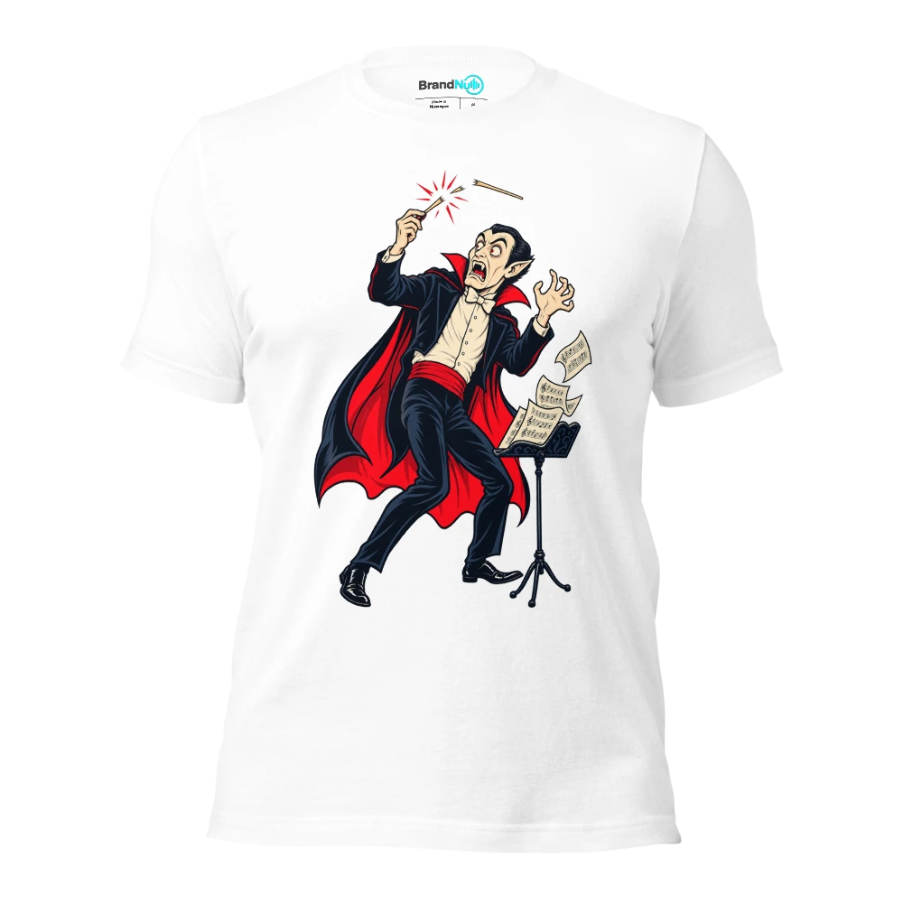 Vampire conductor startled by his own snapping baton T Shirt White Front