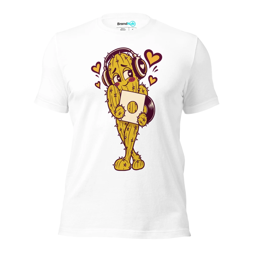 A bashful cactus wearing headphones and offering a blank record sleeve T Shirt White Front