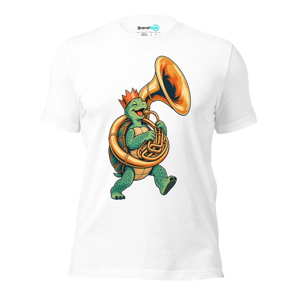 Birthday turtle carrying a sousaphone and wearing a paper crown T Shirt White Front