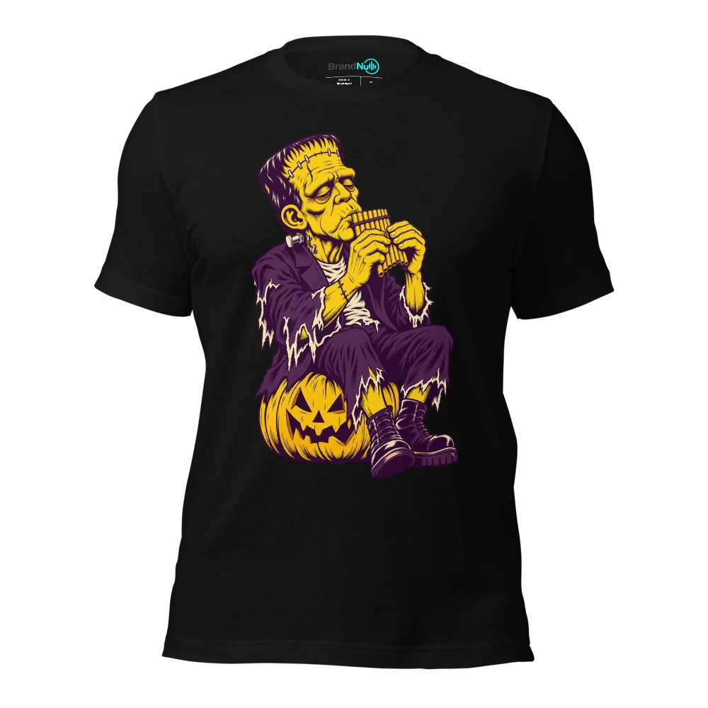 Monster carefully blowing across a tiny panpipe T Shirt Black Front