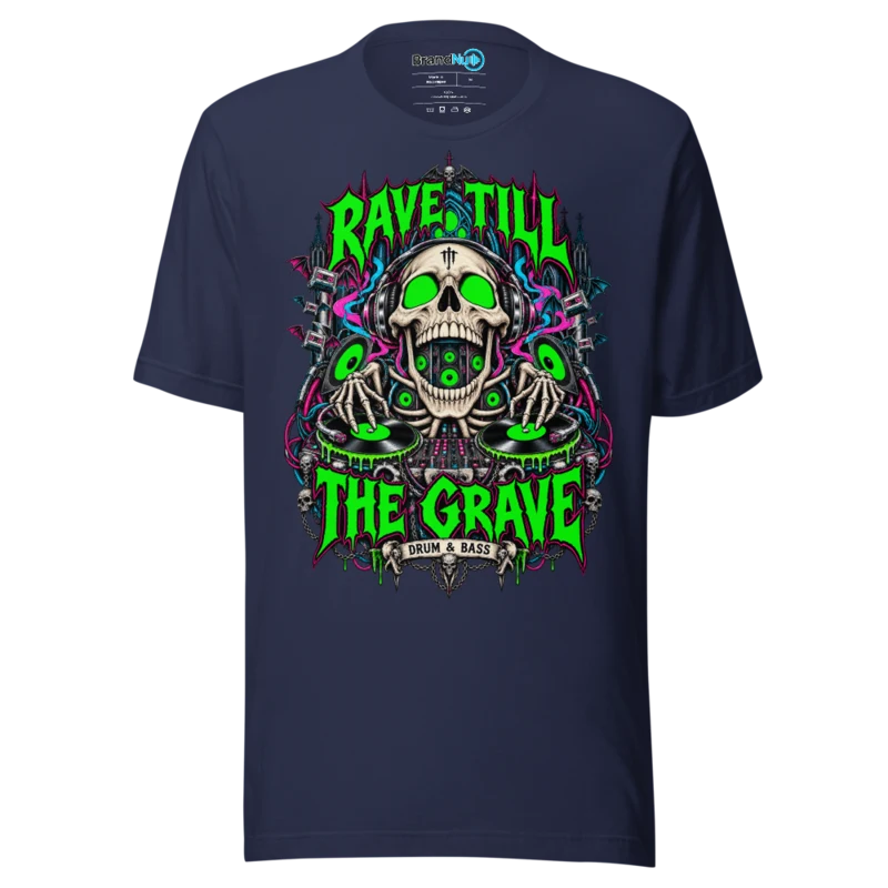 Rave Till The Grave Drum and Bass T Shirt Skull Deck Green Screen Edition - Navy