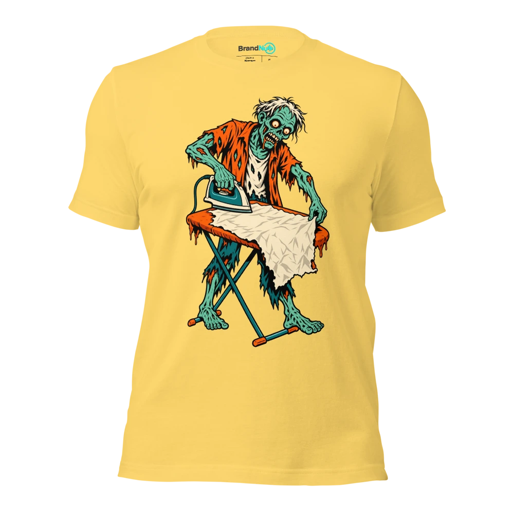 A zombie carefully ironing a crumpled blank gig poster T Shirt Yellow Front