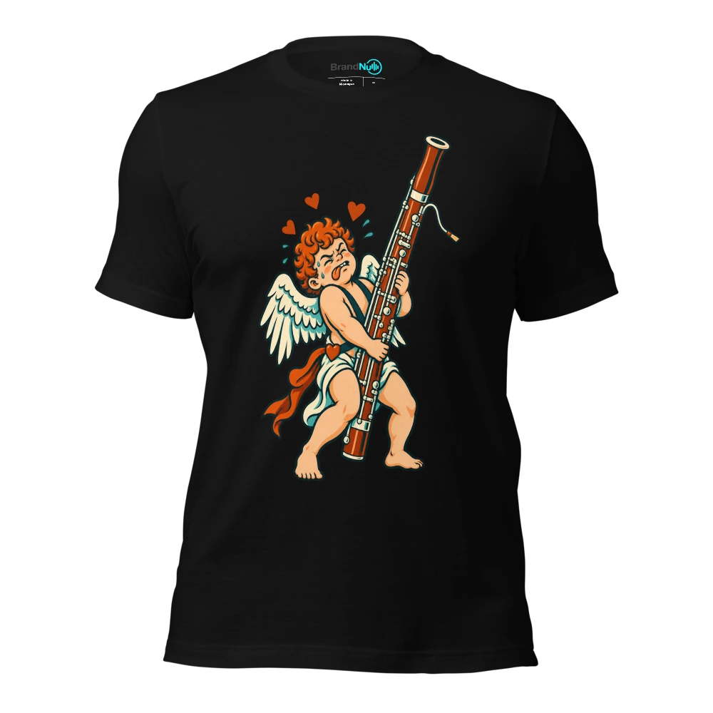 A cupid struggling to carry a full size bassoon instead of a bow T Shirt Black Front