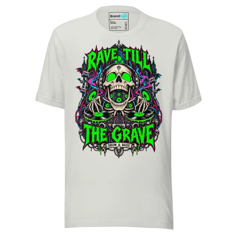Rave Till The Grave Drum and Bass T Shirt DnB Skull Graphic Green Screen Silver