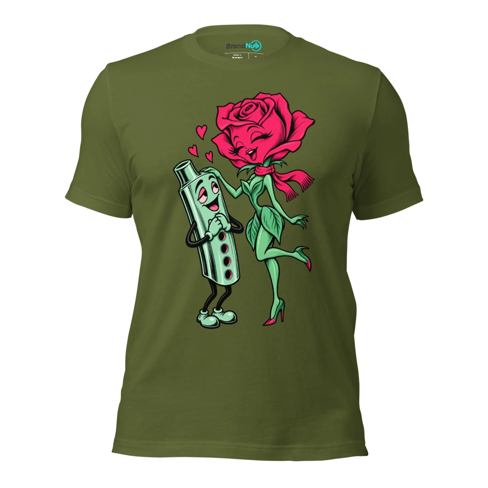 Rose wearing a tiny scarf beside a pitch pipe T Shirt Olive Front