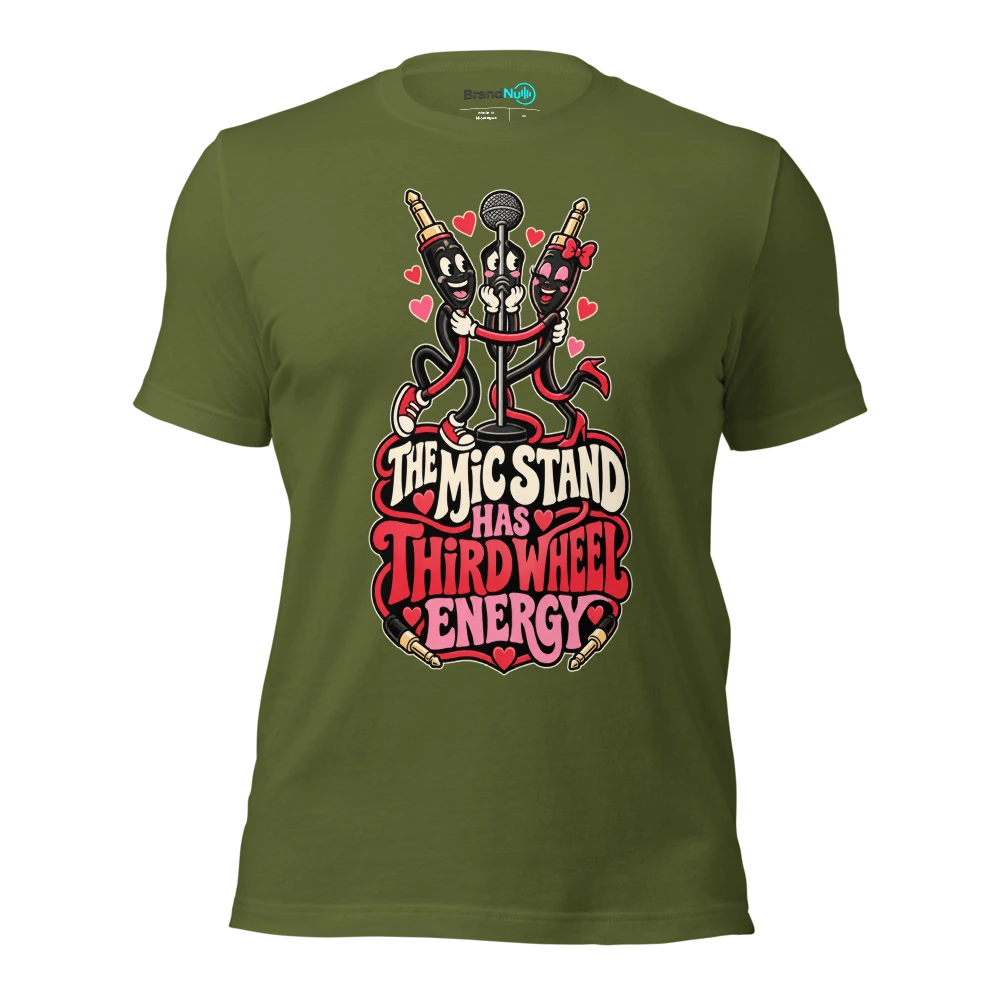 THE MIC STAND HAS THIRD WHEEL ENERGY T Shirt Olive Front