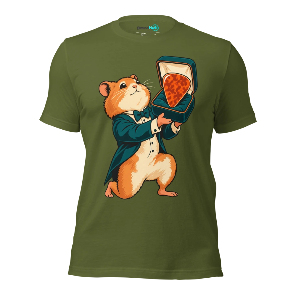 THE HAMSTER HAS DELIVERED AN OVERPRICED GUITAR PICK T Shirt Olive Front